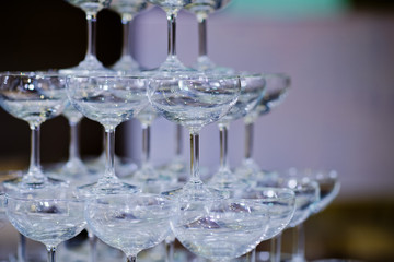 Empty glasses wine in restaurant. Glass water, campaign glass