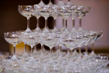 Empty glasses wine in restaurant. Glass water, campaign glass