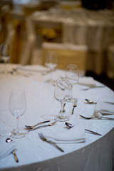 Empty glasses wine in restaurant. Glass water, campaign glass