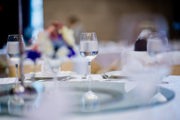 Empty glasses wine in restaurant. Glass water, campaign glass