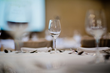 Empty glasses wine in restaurant. Glass water, campaign glass