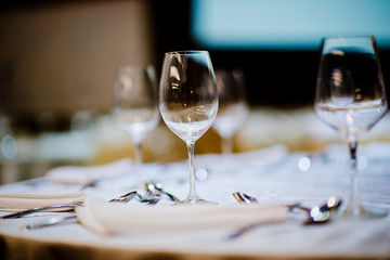 Empty glasses wine in restaurant. Glass water, campaign glass