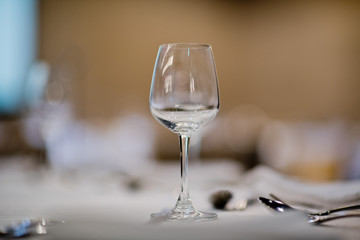 Empty glasses wine in restaurant. Glass water, campaign glass