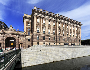 Stockholm, Sweden - Old town quarter Gamla Stan and House of Parliament with Stallbron bridge - obrazy, fototapety, plakaty
