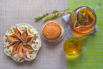 Moroccan pancakes with herbal tea. Middle Eastern food.
