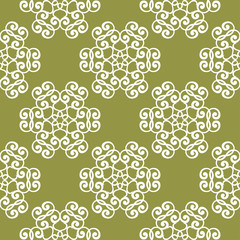 White floral seamless pattern on olive green background