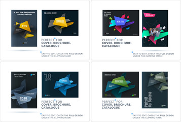 Business set of design brochure, abstract annual report, horizontal cover layout, flyer in A4 with vector colourful geometric shapes