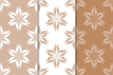 Set of floral ornaments. Brown, beige and white seamless patterns