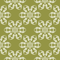 White floral seamless pattern on olive green background