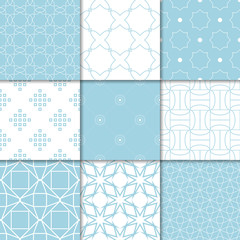 Blue and white geometric ornaments. Collection of seamless patterns
