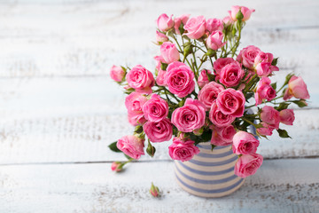 Rose flowers in vase. Beautiful romantic bouquet. Copy space