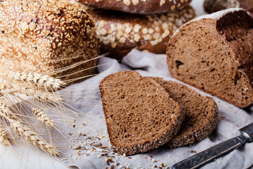 Fresh bread assortment on a textile background