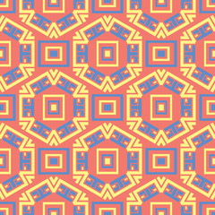 Geometric bright multi colored seamless background. Blue and beige elements on orange background