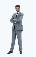 Confident successful businessman in gray suit on white backgroun