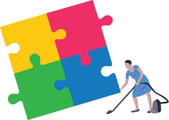 persona delle pulizie pulisce sotto gruppo di puzzle
