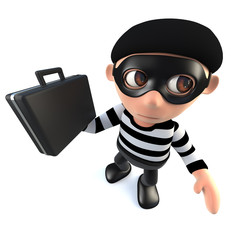 3d Funny cartoon burglar thief stealing a briefcase