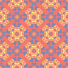 Floral seamless pattern. Bright pink orange background with yellow and blue flower elements