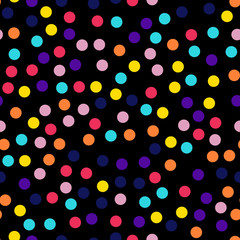 Memphis style polka dots seamless pattern on black background. Cool modern memphis polka dots creative pattern. Bright scattered confetti fall chaotic decor. Vector illustration.