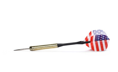 Throwing dart with American flag isolated on white background