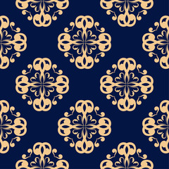 Golden floral seamless pattern on blue background