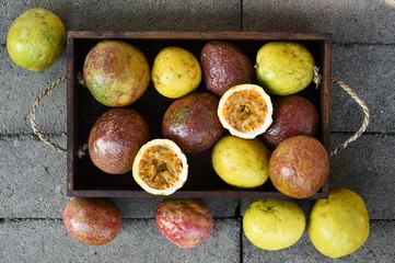close up of fresh purple passion fruits harvest from farm