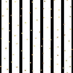 Golden dots seamless pattern on black and white striped background. Sublime gradient golden dots endless random scattered confetti on black and white striped background. Confetti fall chaotic decor.
