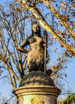 Detail of the bridge of mermaid (Ponte delle sirenette) in the Sempione park. Milan, Italy