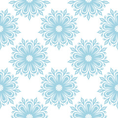 Blue flowers on white background. Ornamental seamless pattern