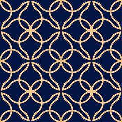 Fototapeta premium Golden geometric ornament on blue background. Seamless pattern