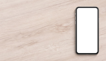 Smartphone mockup flat lay top view lying on wooden office desk banner with copy space