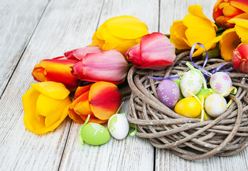 Easter eggs and tulips