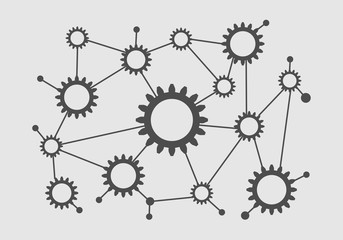 Social media network. Growth background with lines and gears silhouettes. Connected symbols for digital, interactive and global communication concept.