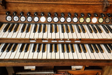Old double piano keyboard with marked keys