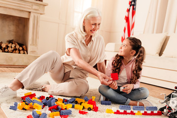 Try this one. Adorable senior lady and her preteen grandchild sitting on the floor and smiling cheerfully while looking at each other and playing with plastic building blocks.