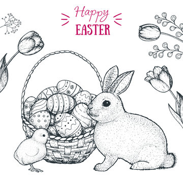 Happy Easter vector illustration. Basket of Easter eggs, cute bunny and chick hand drawn sketch. Engraved style image.