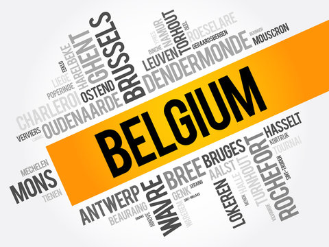 List of cities and towns in Belgium, word cloud collage, business and travel concept background