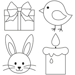 Line art black and white easter icon set chicken chick bunny face candle, gift box.