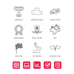 Winner cup and award icons. Race flag signs.