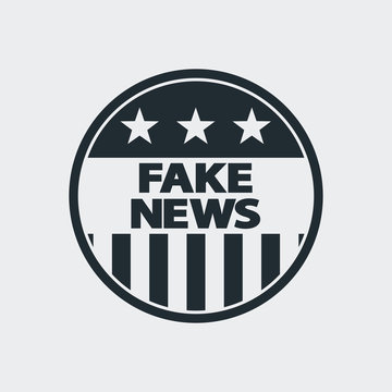 Icono plano FAKE NEWS en circulo bandera USA  en fondo gris
