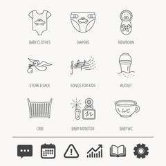 Diapers, newborn baby and clothes icons.