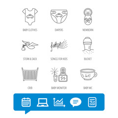 Diapers, newborn baby and clothes icons.