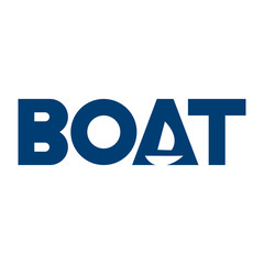 Logotipo BOAT con barco en espacio negativo en color azul