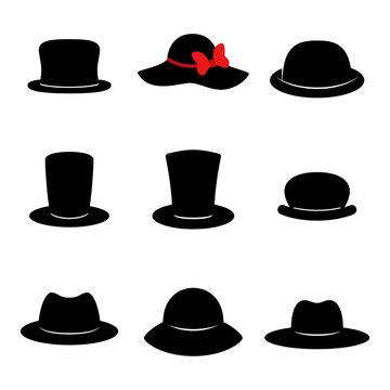 Hat icons. Collection of black different hats isolated on white background. Vector