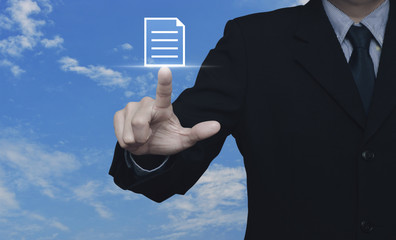 Businessman pressing document icon over blue sky with white clouds, Business communication concept