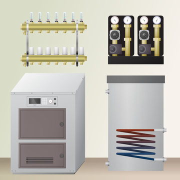 Solid fuel boiler in the room. Vector illustration. The HVAC equipment. manifold, pump, water heating.