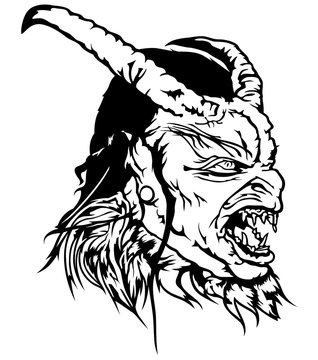 Satan Head - Black and White Devil Illustration, Vector