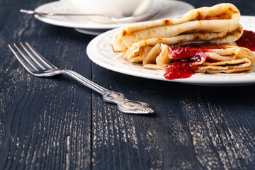 Russian traditional food. Appetizing fried pancakes during Pancake Week