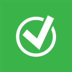 Check mark icon in a circle isolated on green background. Vector illustration.