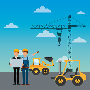construction workers engineer foreman truck forklift excavator crane vector illustration
