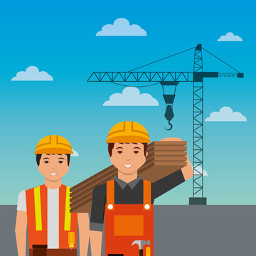 construction workers holding wooden crane on sky background vector illustration